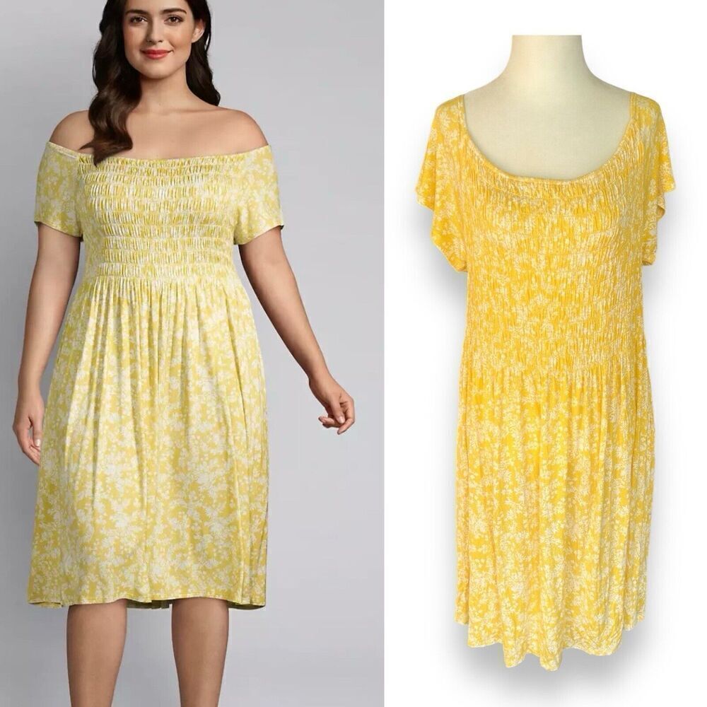 Lane Bryant Yellow Floral Shirred Swing Dress Pockets  Size 14 / 16